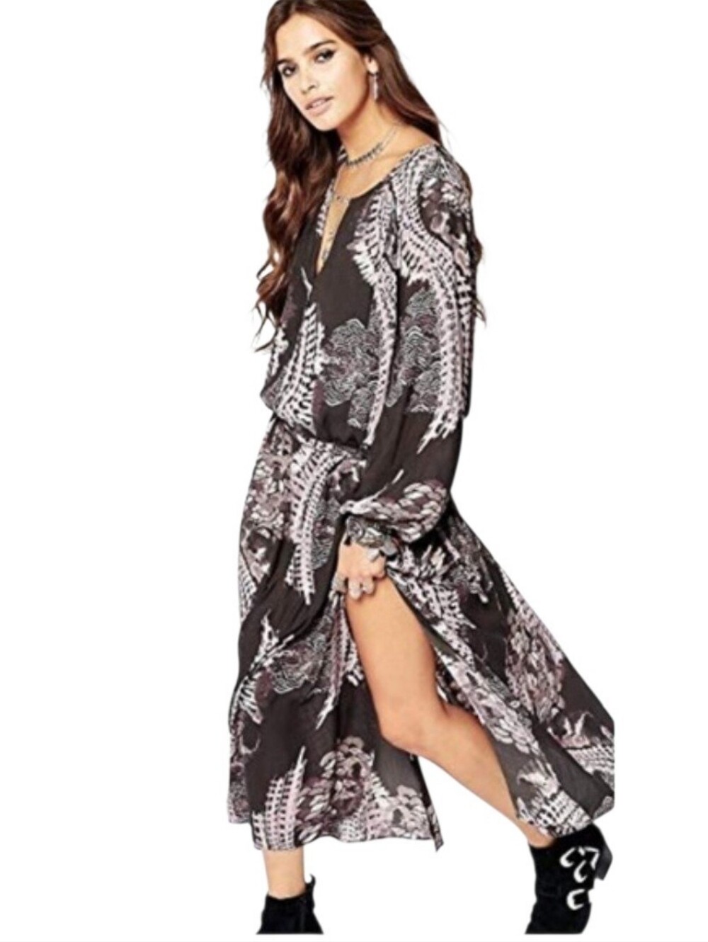 Free People Out Of The Woods Dress Size S Side Slit Maxi Drawstring Waist Flowy